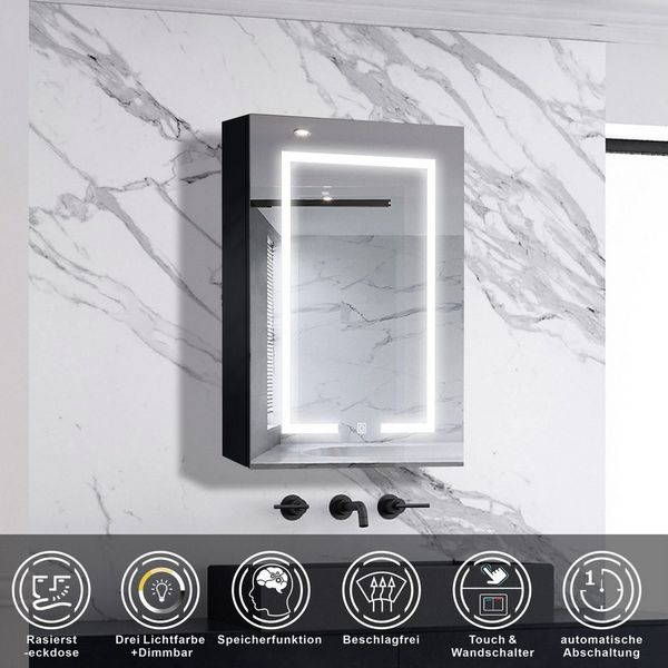 Aica Sanitär Spiegelschrank LED Spiegelschrank mit Steckdose Beschlagfrei 3 Lichtfarbe dimmbar mit Steckdose,Weiß Matt/Hochglanz Schwarz