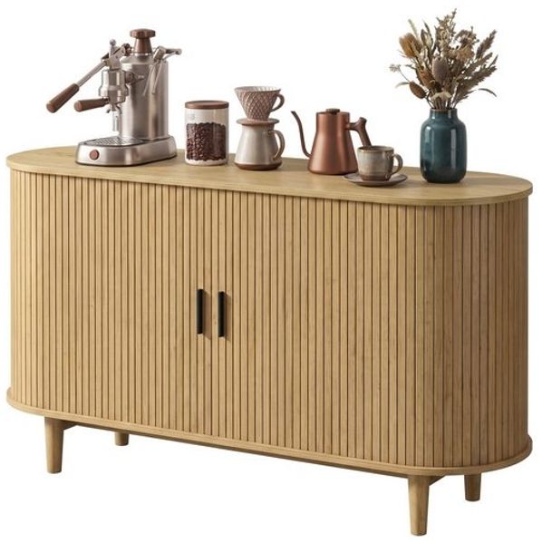 VASAGLE Sideboard mit Schiebetüren, Mid-Century Modern Aufbewahrungsschrank, 140 x 40 x 75 cm, Tan