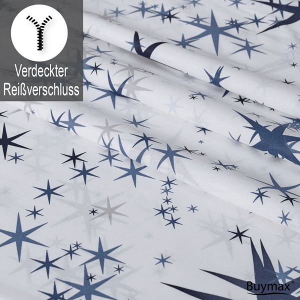 Buymax Bettwäsche, Renforcé, 3 teilig, Bettbezug-Set 200x220 cm 100% Baumwolle mit Reißverschluss Sterne Weiß Bild 2