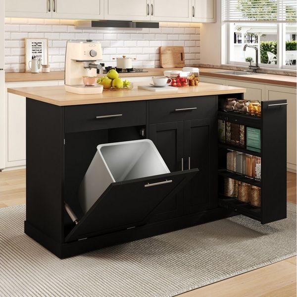 BlingBin Küchenwagen Kücheninsel auf Rollen mit klappbarer Arbeitsplatte,mit Müllschrank, (1 Stück, 1 St, 120 × 45 (70) × 93 cm), mit 4-stufigem Gewürzregal, 2 Schubladen und feststellbaren Rollen