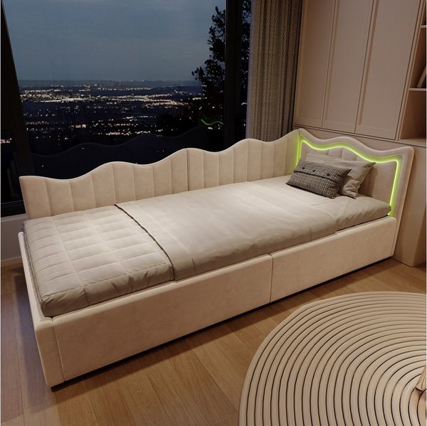 Gdood Polsterbett Doppelbett Daybett Tagesbett LED (Hydraulisch hebbarer Stauraum, Geeignet für Jungen und Mädchen), Mit LED-Beleuchtung, Lattenrost, Samt, 90x200 cm