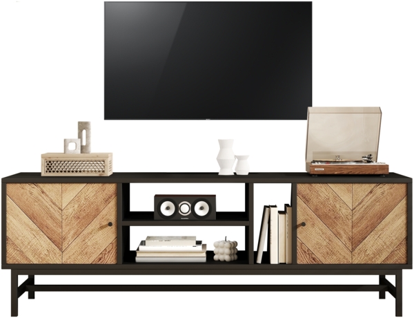 Merax 150 cm TV-Schrank – Schwarz-Holz-Kontrastdesign mit vielseitigem Stauraum, inkl. Schränken, horizontalen und vertikalen Fächern