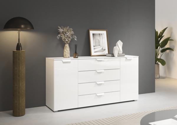 rauch Aditio Box, Kommode, 1-türig, 4 Schubladen, mit Glasfront, mit Softclose-Funktion, Farbe Weiß, BxHxT 160x81x42cm