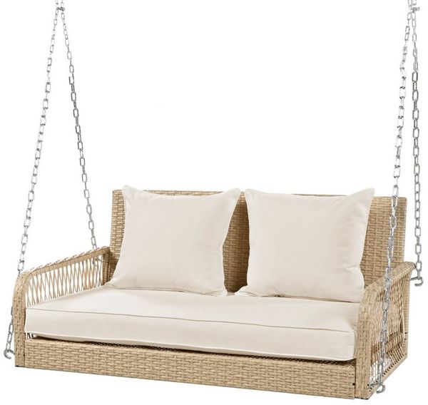 IDEASY Gartenlounge-Set Hollywoodschaukel Beige/Grau Gartenschaukel, Gartenmöbel-Set, (Rattan, 2-Sitzer mit abnehmbaren Sitzkissen), mit waschbaren Polsterauflagen für Terrasse oder Garten