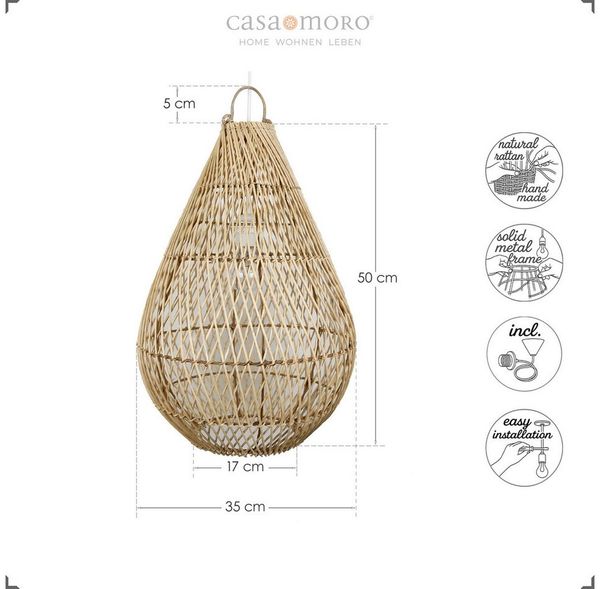 Casa Moro Deckenleuchten Hängelampe Rattan Natur – Deckenlampe Ø 35 x H 55 cm – Boho Style, ohne Leuchtmittel, E27, Pendelleuchte, Esszimmer, Wohnzimmer, Schlafzimmer, Kinderzimmer