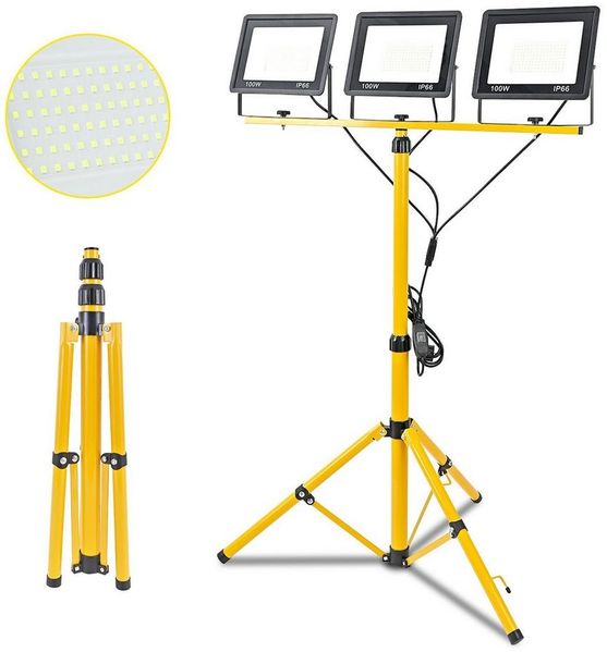 Ophy Arbeitsleuchte Stabile LED Arbeitsleuchte mit höhenverstellbarem Stativ, 300W, 3 Leuchtköpfe, IP66 wasserdicht – für Baustelle, Werkstatt & Garage