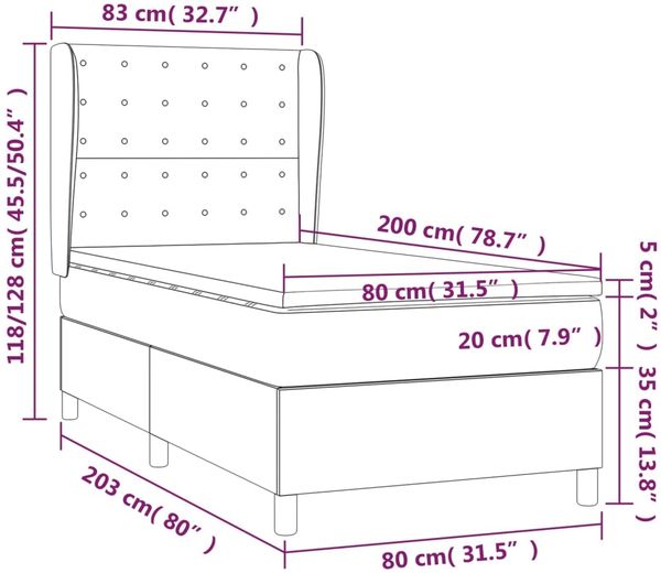 Boxspringbett mit Matratze Stoff Dunkelgrau 80x200 cm, Härtegrad: H2 [3128798] Bild 7