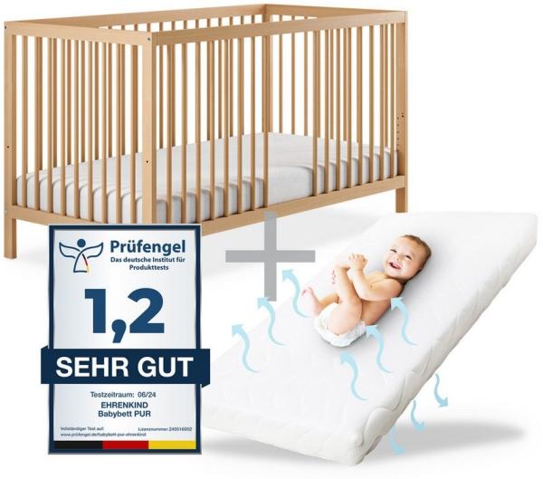 Ehrenkind® Babybett PUR inkl. Matratze 120x60 Buchenholz | Natur | Kinderbett 9-Fach höhenverstellbar mit entnehmbaren Stangen | Baby Bett