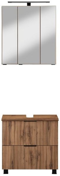 welltime Badmöbel-Set "Trento", Badezimmer-Set, Waschbeckenunterschrank, Spiegelschrank, (2-St), inkl. LED Aufbauleuchtung Schalter/Steckdose, Möbel Made in Germany