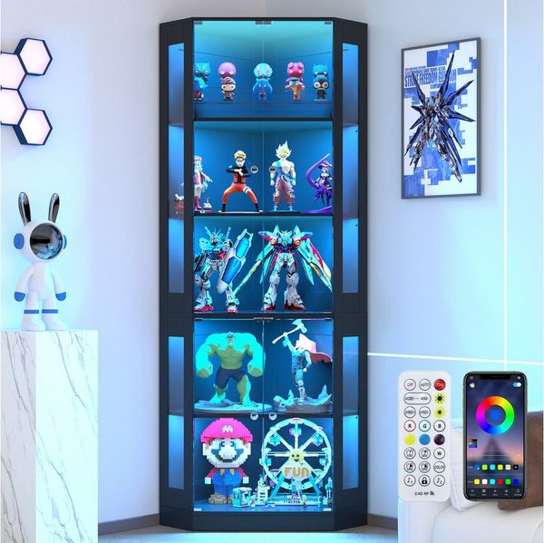 VOWNER Eckschrank 205 cm Beleuchtete Vitrine mit Glastüren, 5-stöckiges Eckregal (1-St) mit 3 Farblichtern & Bewegungssensor für Sammlerstücke, Bücher