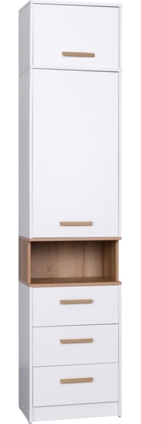 Marmex Möbel Grant 06/14N Mehrzweckregal, Standregal, Kombiregal, mit Aufsatz, Bücherregal mit 3 Schubladen, laminierte Spanplatte, weiß+riviera Eiche, 52x235x40 cm