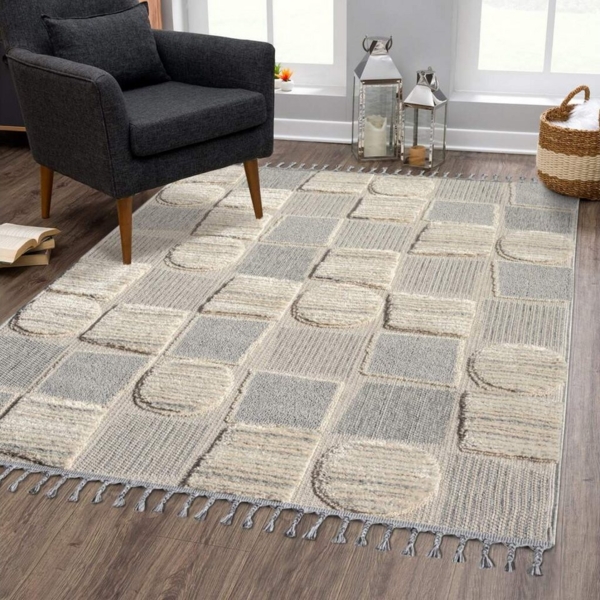 carpet city Teppich Boho Wohnzimmer - Creme - 160x230 cm - Patchwork-Muster - Relief-Optik, 3D-Effekt - Cut-&Loop, Sisal - Moderne Fransen-Teppiche Schlafzimmer