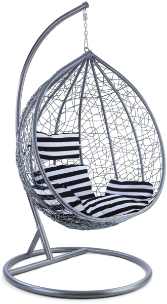 Luxus Hängesessel Miami XL Rattan Korb Grau Gestell silber Kissen Schwarz Weiss