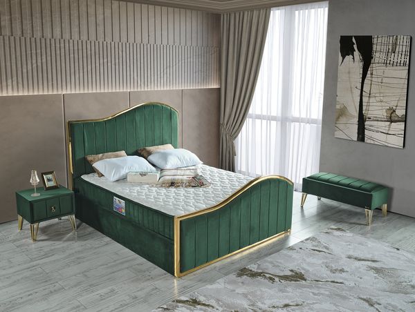 Schlafzimmer-Set "Alia" – Bett mit Bettkasten und Matratze , Bettbank, Nachttisch-Grün