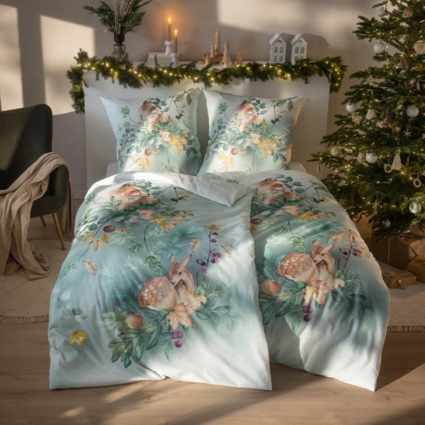 Estella Kuschel Flanell Bettwäsche 155x220 Ferdinand grün Fuchs Reh 4468-530