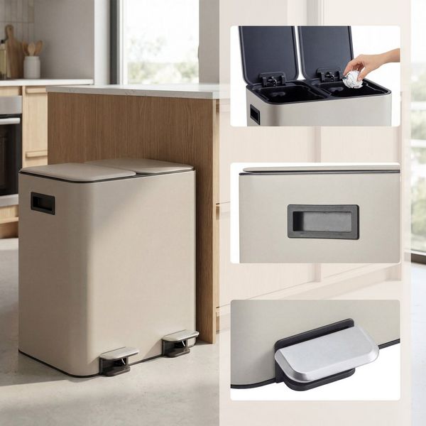 hjh OFFICE Mülleimer Mülleimer Clean 10 Eisen, Pulverbeschichtet, Mülltrennsystem Küche mit 2 Fächern, Abfalleimer 30 Liter (2 x 15L)