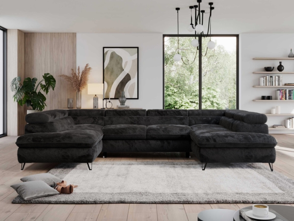 Ecksofa mit Schlaffunktion und verstellbaren Kopfstützen, große U-förmige Ecke - PEDRO U - Schwarz Plüsch