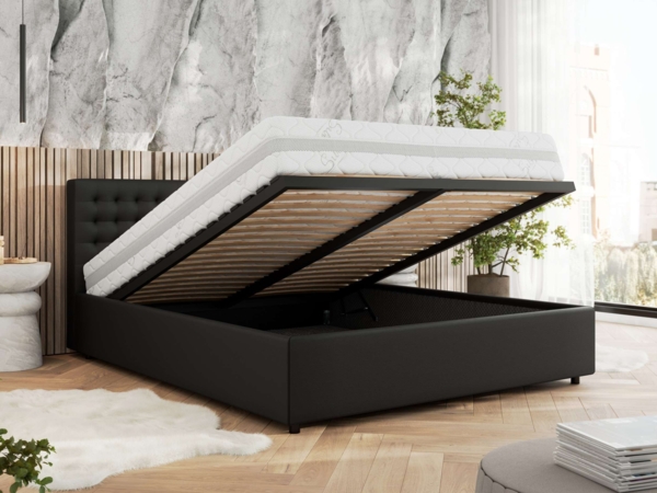 Polsterbett mit Holzlattenrost Doppelbett PAVO CLASSIC, hohe Kopfteil, Bettkasten mit Gasdruckfeder - 180x200 cm - Schwarz Kunstleder Bild 4