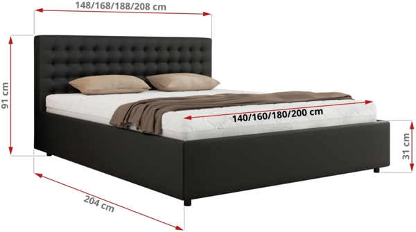 Polsterbett mit Holzlattenrost Doppelbett PAVO CLASSIC, hohe Kopfteil, Bettkasten mit Gasdruckfeder - 180x200 cm - Schwarz Kunstleder Bild 7