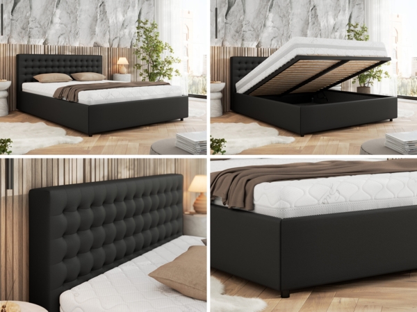 Polsterbett mit Holzlattenrost Doppelbett PAVO CLASSIC, hohe Kopfteil, Bettkasten mit Gasdruckfeder - 180x200 cm - Schwarz Kunstleder Bild 2