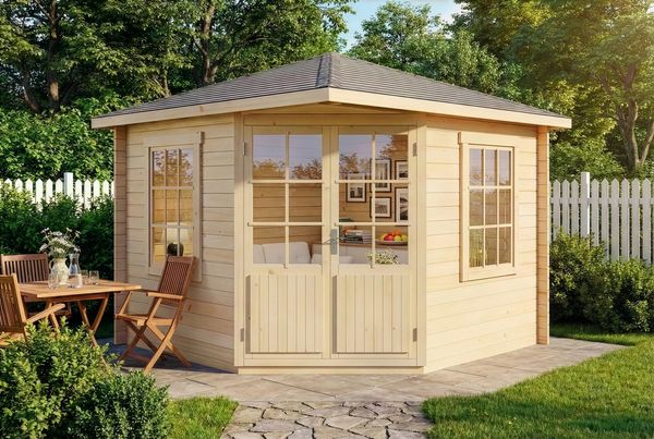 Alpholz 5-Eck Gartenhaus Monica Gartenhaus aus Holz Holzhaus mit 28 mm Wandstärke Blockbohlenhaus mit Montagematerial