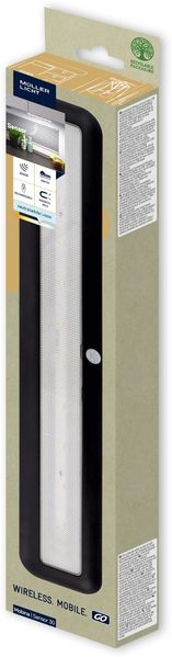 Müller-Licht Mobina Sensor 30 LED Batterieleuchte Orientierunglicht Nachtlicht, 30cm Länge, neutralweiß 4000K, 2W, wiederaufladbar per USB, selbstklebend, schwarz