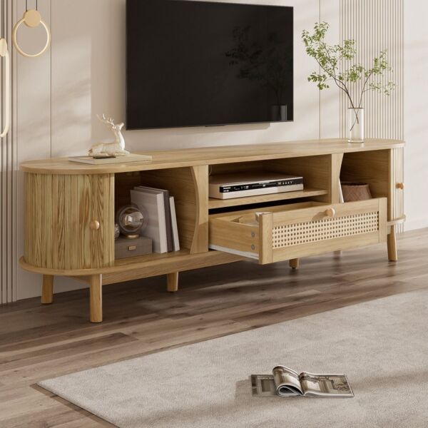 Merax Lowboard mit Schubladen mit Rattan-Oberflächen (Fernsehschrank im Landhausstil, 1 St), TV-Schrank mit 2 Schiebetüren, Staufächern & Holzfüße, 165x37x46cm