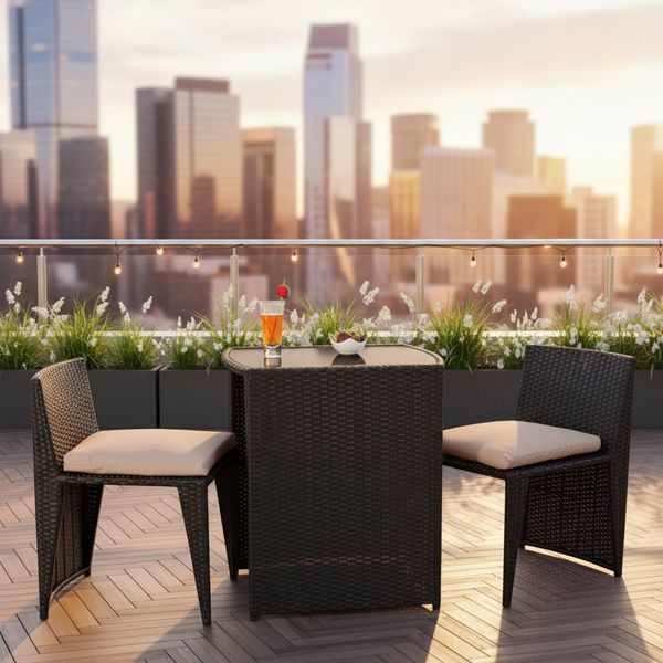 3tlg. Polyrattan Lounge Gartenset Sitzgruppe in Schwarz Tisch mit 2 Stühlen