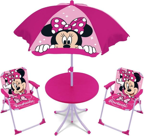 Arditex Kindertisch Kinder-Tischset mit 2 Stühlen & Sonnenschirm in verschiedenen Motiven, Stabil, 2 Stühle, Sonnenschirm, Minnie-Motiv, platzsparend
