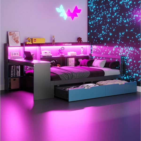 REDOM Schlafsofa Kinderbett Funktionsbett, mit Schreibtisch, LED-Beleuchtung und Stauraum 90x200 cm, Inklusive Matratze