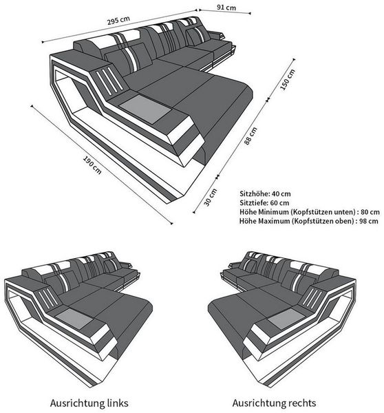Sofa Dreams Ecksofa Ledercouch Ledersofa Ravenna L Form Leder Sofa, Couch, mit LED, wahlweise mit Bettfunktion als Schlafsofa, Designersofa Bild 3