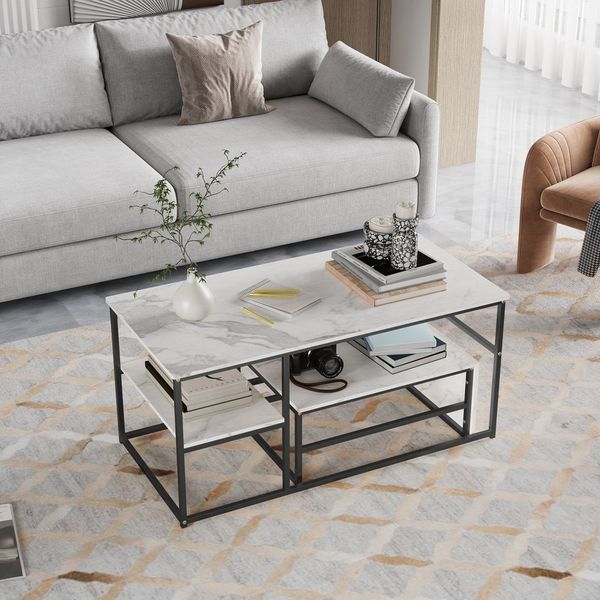 Furnishings Home Couchtisch Rechteck Satztisch Beistelltisch stapelbarer Sofatisch (2-St, Ideal für Wohnzimmer & Büro, Platzsparendes stapelbares Design), Mit Marmormuster Tischplatte, 105 x 52 x 48.5 cm + 60 x 45 x 28 cm