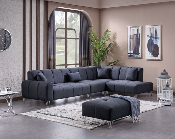 Ecksofa "Wasserrose" Ottomane rechts + Hocker-Anthrazit
