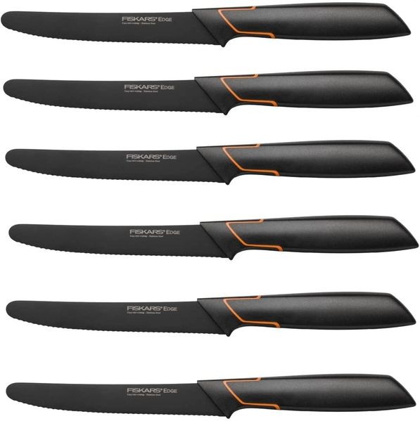 Fiskars 6 Stück Tafelmesser - Tomatenmesser Edge mit Wellenschliff rostfrei - Modernes Design - Schwarz