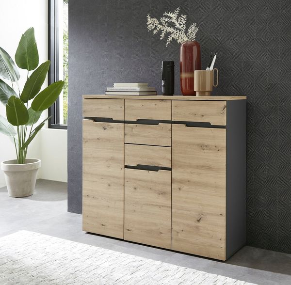 Kommode Melanie / Memphis, Holzwerkstoff, Grau, Holzfarben, 120 x 107 x 38 cm