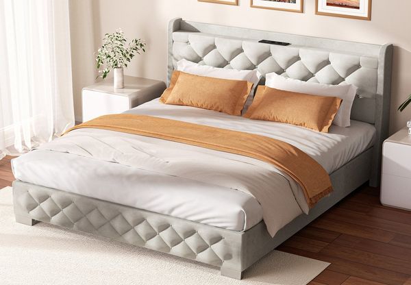 Lexzurn Polsterbett Polsterbett 140x200 cm Bett mit Lattenrost (Doppelbett mit gepolstertem Kopfteil, Einfache Montage, Robustes Gestell und Hochwertiger Leinenstoff), wählen Sie Größe und Farbe! Kostenlose Lieferung!
