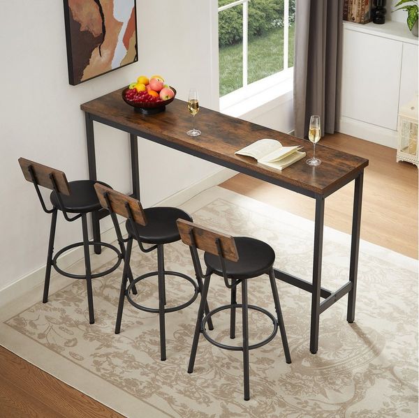 HAUSS SPOLE Essgruppe 4-teilig mit 3 Barhockern,Bartisch-set mit Fußpolstern,Braun+Schwarz, (Sitzgruppe mit Dreisitziges langes Bartisch und PU-Leder, flexibel in jeder Ecke), Verstärkungsring an der Unterseite des Hockers