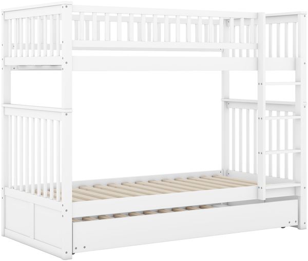 90*200cm Etagenbetten Kinderbetten Dreierbetten Etagenbetten mit Ausziehbett Hohe Geländer Stabile Treppe Weiß Bild 10