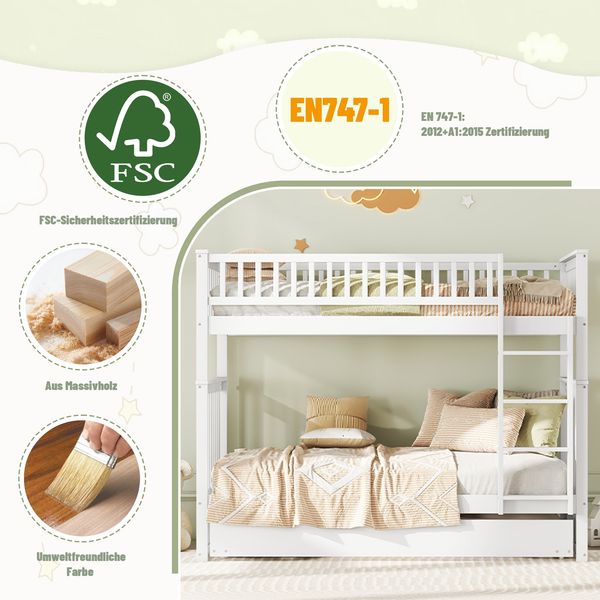 90*200cm Etagenbetten Kinderbetten Dreierbetten Etagenbetten mit Ausziehbett Hohe Geländer Stabile Treppe Weiß Bild 7