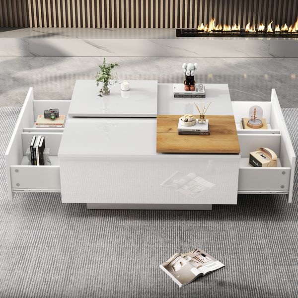 MODFU Couchtisch mit kleine verschiebbare Tischplatte (Satztisch, Wohnzimmertisch Beistelltisch, 1-St, 4 Schubladen), Hochglänzender quadratischer Couchtisch mit Ablagefläche