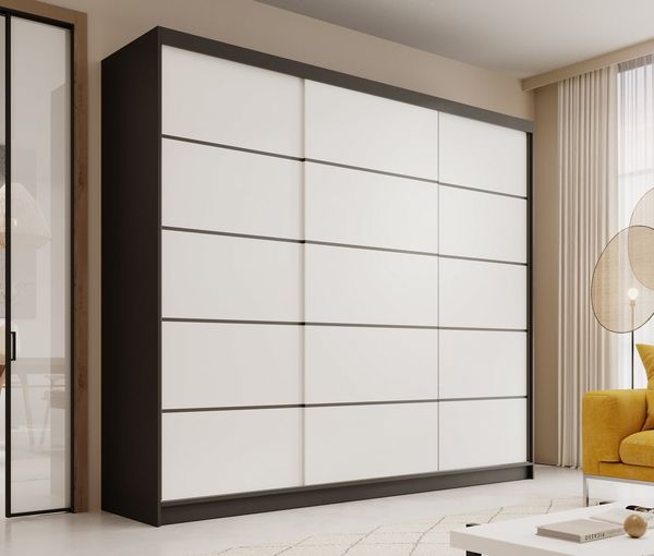 MOEBLO Schiebetürenschrank Velora 250 (Moderner Kleiderschrank mit 3 Schiebetüren, großem Stauraum, Schrank Garderobe Schiebtüren Schlafzimmer) (BxHxT): 250 x 215 x 58 cm