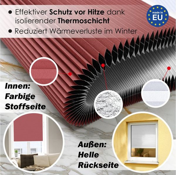 DomDeco Wabenplissee Thermo Plissee ohne Bohren - Hitzeschutz, Verdunkelung, verspannt, abdunkelnd, Klemmfix, stufenlos, kälteschutz, modernes Fensterplissee