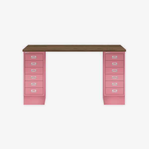 MultiDesk, 2 MultiDrawer mit 6 Schüben, Dekor Nussbaum, Farbe Pink, Maße: H 740 x B 1400 x T 600 mm