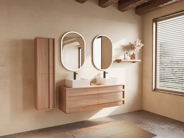 Vente-unique - SARLO Bathroom storage unit Holz, Platte Beige - B 25 cm x H 140 cm x L 35 cm