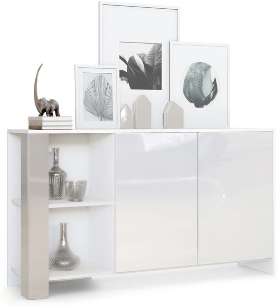 Sideboard Canto, lange Anrichte mit 2 Türen und 6 Fächern, Korpus Weiß matt, Fronten Weiß Hochglanz, Dekor-Paneele Sandgrau Hochglanz (143 x 81 x 36 cm)
