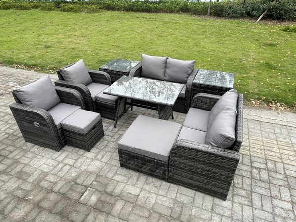 Fimous 9-Sitzer Polyrattan Garten Esstisch Set Gartenmöbel Sofa mit Rechteckiger Esstisch 2 Beistelltischen 3 Hockern Dunkelgrau Gemischt
