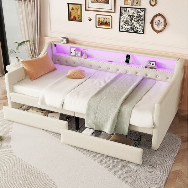 Merax Daybett mit LED und USB-Ladebuchse (Polsterbett Kinderbett Jugendbett Einzelbett, 1 tlg), Tagesbett Schlafsofa mit 2 Schubladen, Ablagefach & Stauraum, Leinen