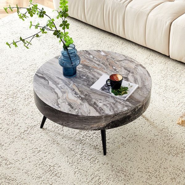 i@home Couchtisch Runder Kaffeetisch, 70 cm Durchmesser in Holzoptik, Schwarze Metallbeine, minimalistisch, ideal für kleine Räume.