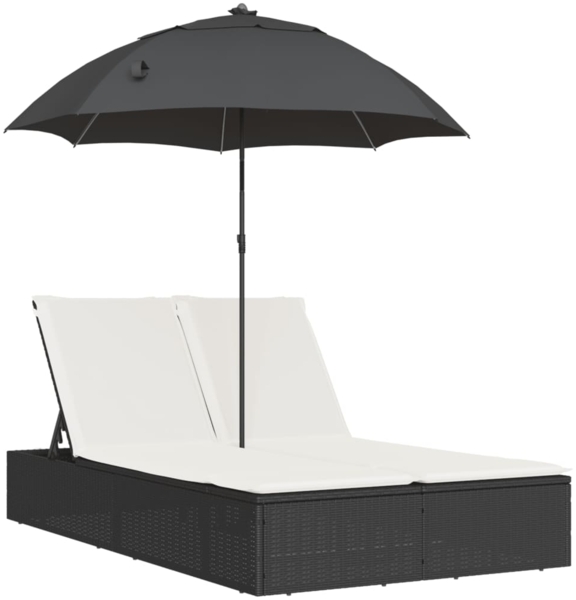 vidaXL Doppel-Sonnenliege mit Kissen&Sonnenschirm Schwarz Poly Rattan 368081