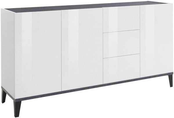 Dmora Kommode Abic, Küchen-Sideboard mit 3 Türen und 3 Schubladen, Wohnzimmer-Buffet, 100 % Made in Italy, 160 x 40 x 82 cm, glänzendes Weiß und Schiefer,